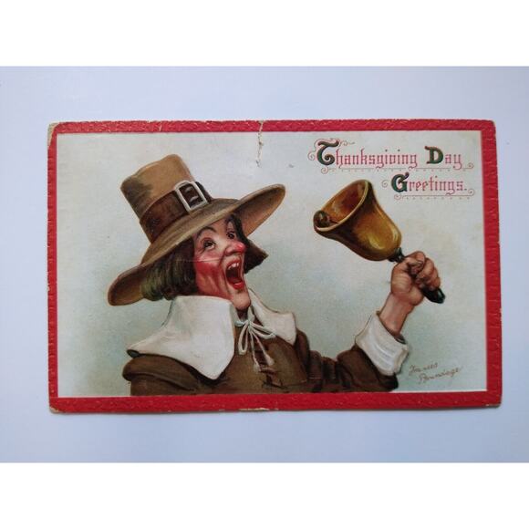 Thanksgiving Postcard Frances Brundage 130 Victorian Man Rings Bell Gabriel 1912 - Picture 2 of 6